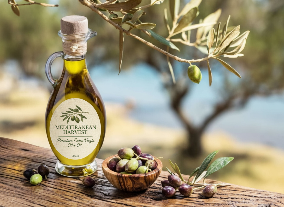 Olive oil bottle with olives and olive branches